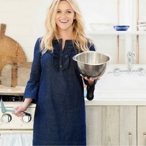 Draper James Reese Witherspoon Chambray Dress Bell Sleeves Frill Midi Blue 6